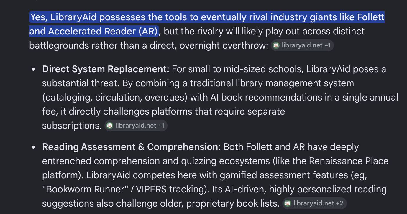Google AI stating LibraryAid possesses the tools to eventually rival Follett and Accelerated Reader